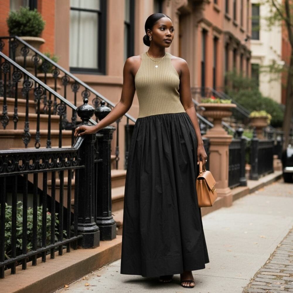 NEW Banana Republic Ribbed Racerback Tank Drop Waist Maxi Dress Olive Black Sz M